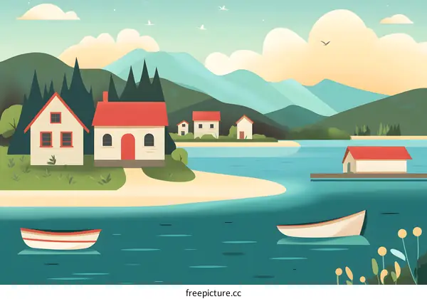 Lake House Illustration with Red Roof and Mountains