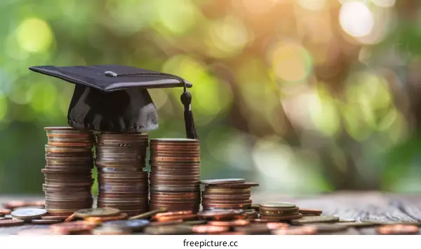 Education cost concept with stack of coins and graduation cap