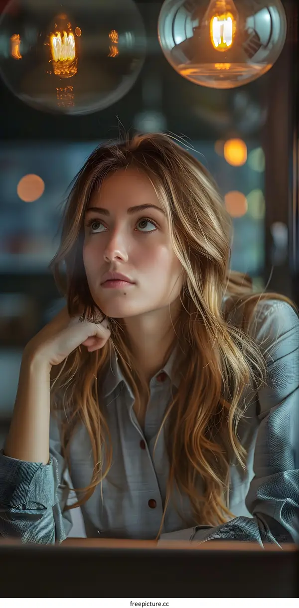 Portrait of a young woman with long blond hair sitting in a cafe and looking away thoughtfully