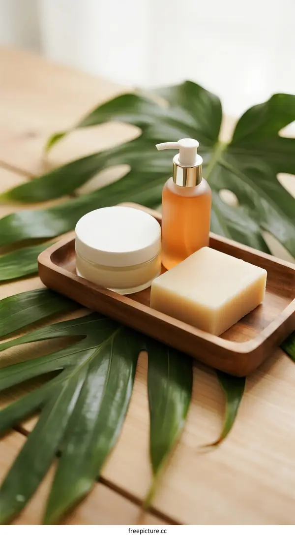 Organic Skincare Products on Natural Leaf Background