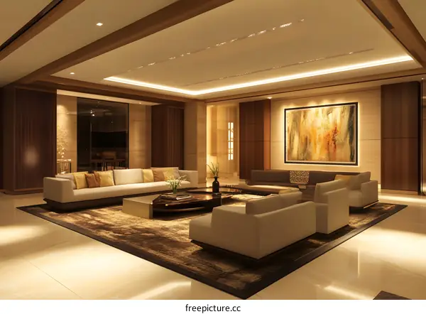 Modern Interior Design Living Room with Beige Sofa and Abstract Art