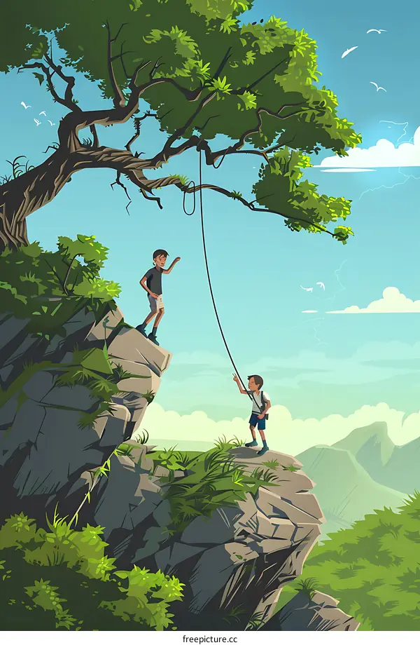 Two Boys Climbing A Cliff With Rope Illustration