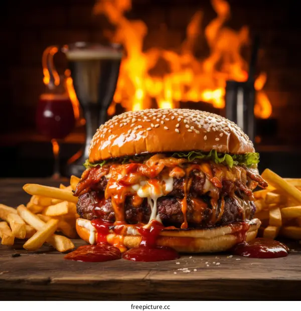 A delicious cheeseburger with fries sits on a wooden table with a fire in the background