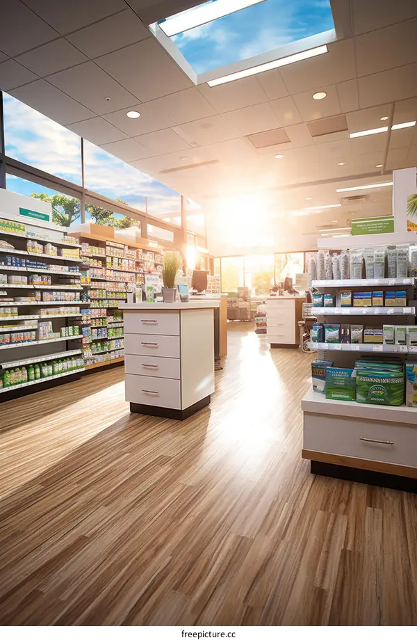 Modern pharmacy interior with large windows and bright lighting