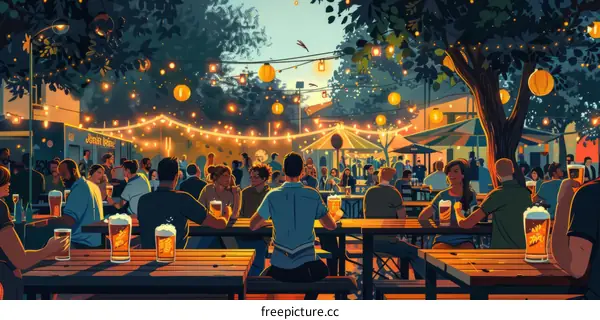 People sitting at tables in a beer garden