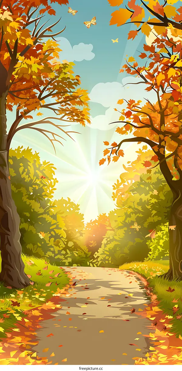 Autumn Forest Path with Sun Rays