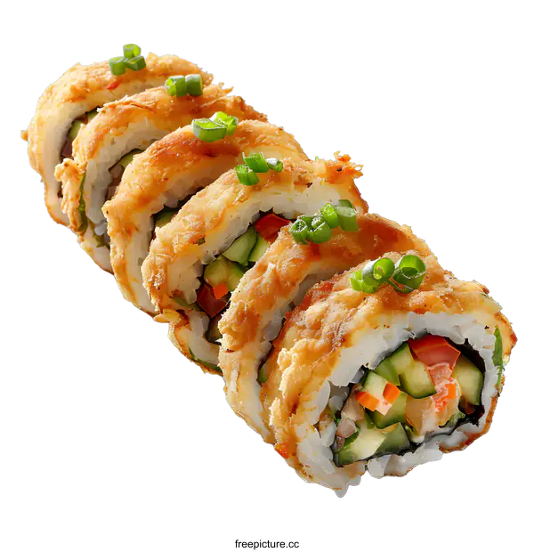[Transparent Background PNG]Crispy Fried Sushi Rolls with Green Onions