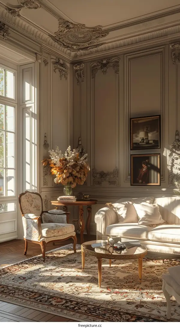 European style living room interior with vintage furniture