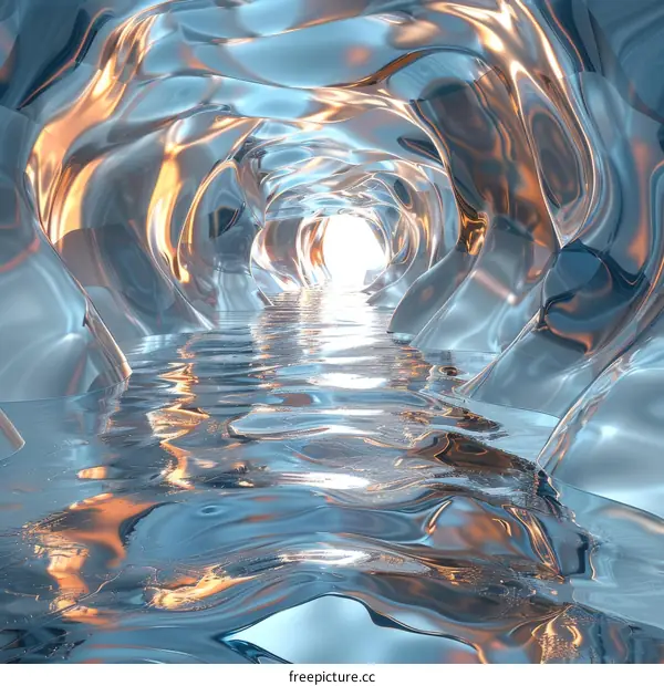 Blue and gold cave tunnel with shiny bright light flowing through it