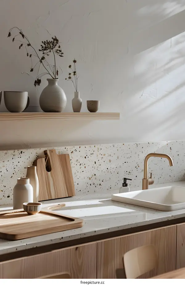 Minimalist Kitchen Design With Wooden Cabinets And Terrazzo Countertop