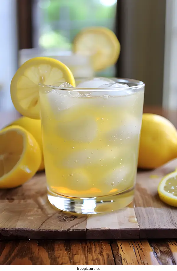 Glass of Lemonade With Lemon Slices and Ice Cubes on a Wooden Board