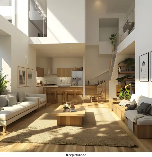 Modern Minimalist Open Concept Living Room Interior Design with Wooden Flooring and Natural Light