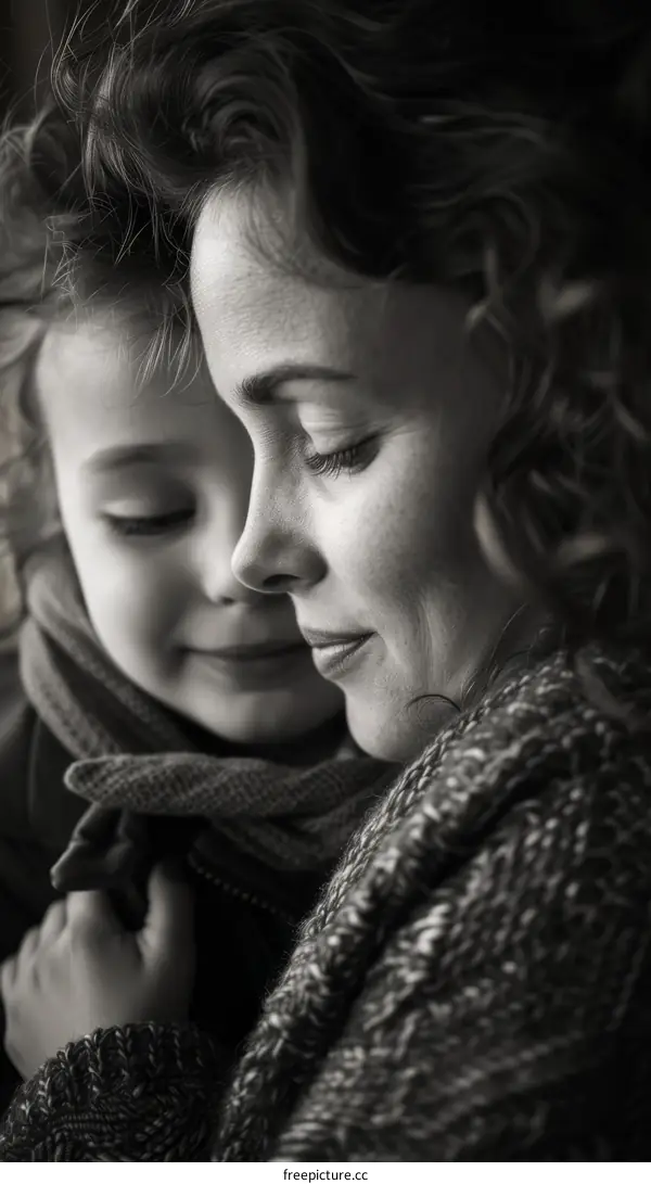 Black and white portrait of a mother and her child