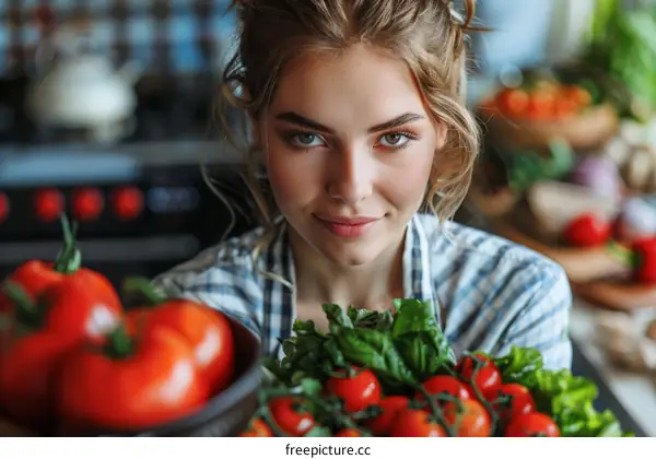 Young Blonde Woman Holding Tomatoes and Basil