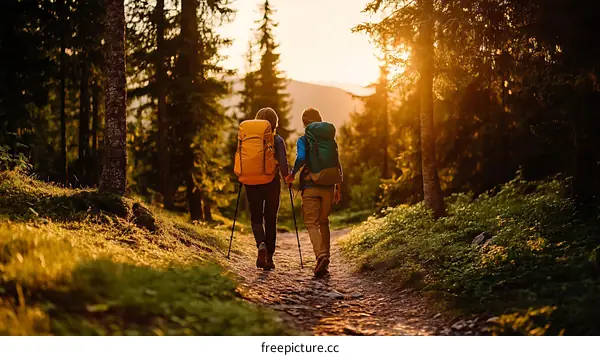 Hikers Enjoying a Scenic Forest Trail at Sunset