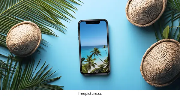 Summer Beach Vacation Phone Background With Palm Leaves And Straw Hats