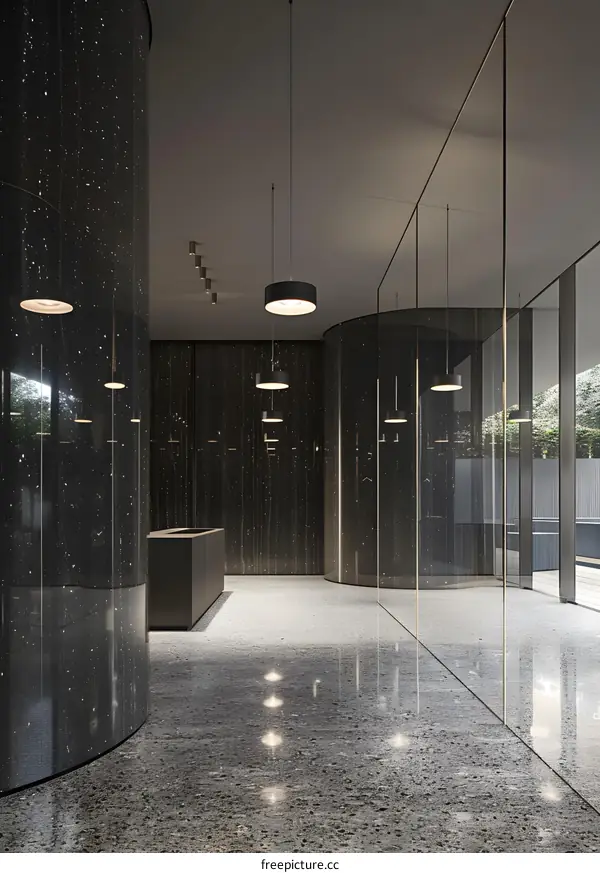 Modern Office Lobby Interior Design with Black Marble Walls and Glass Partitions