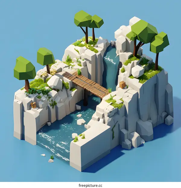 Low Poly 3D Illustration of a Waterfall Landscape