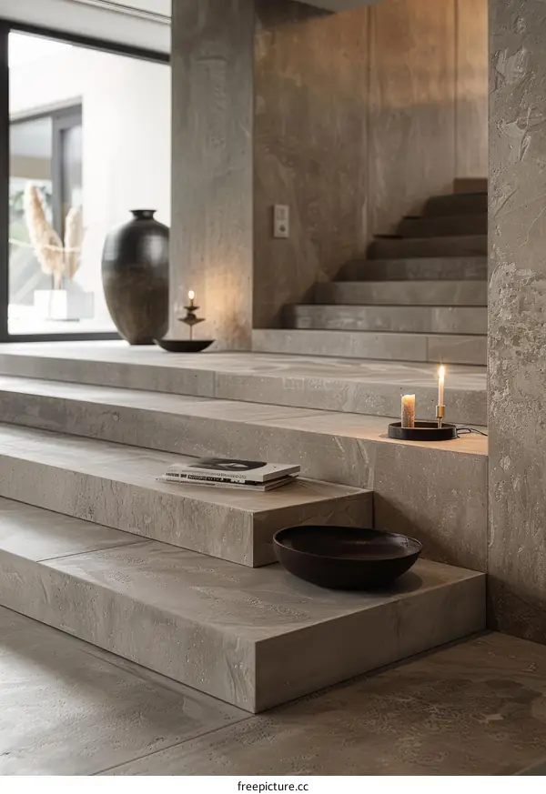 Concrete staircase with books and candle holder