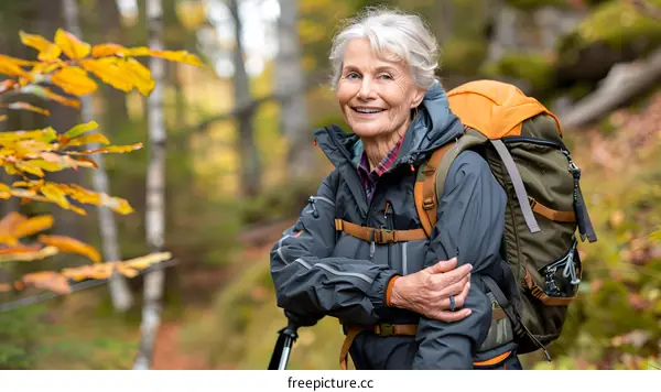 Smiling Senior Woman Hiking in the Autumn Forest