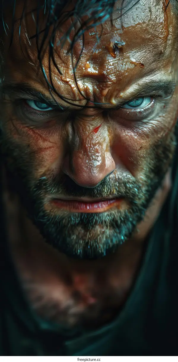 Close-up Portrait of a Man with Intense Facial Expression