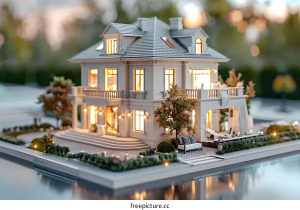 A detailed model of a modern house with a garden and a swimming pool