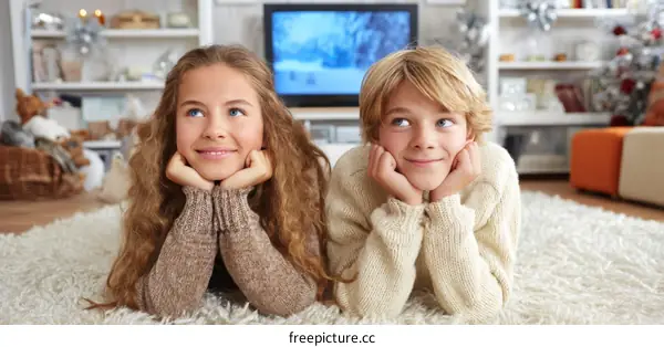 Two children lying on the carpet watching TV