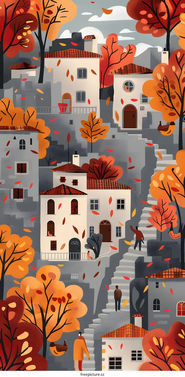 Autumn Village Illustration with People Walking Up Stairs