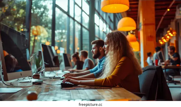 Focused young woman working on computer in modern office with glass windows