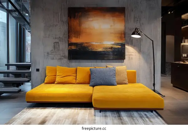 Modern Minimalist Living Room with Mustard Yellow Sofa