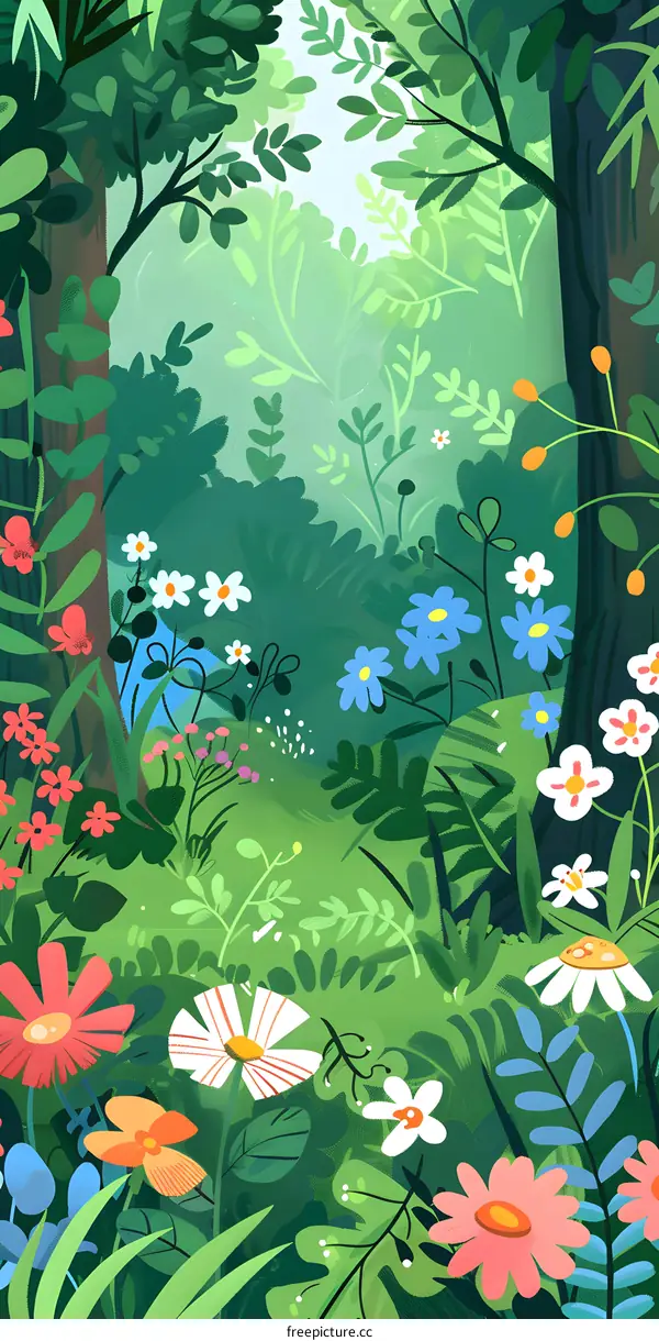 Colorful Flowers In A Lush Green Forest