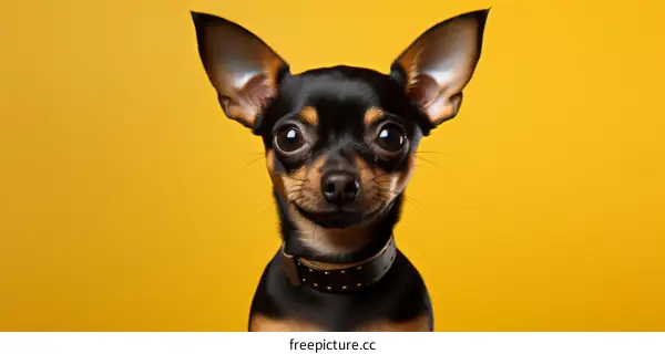 Chihuahua dog with collar in front of yellow background