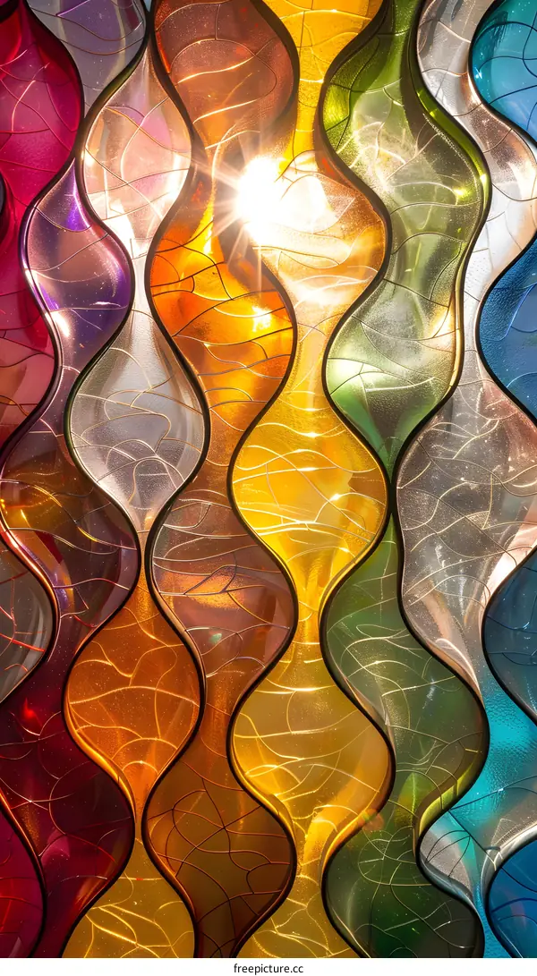 Wavy colorful glass sculpture with the sun shining through