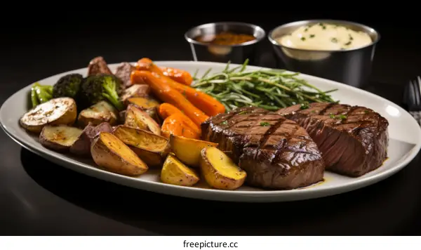 A delicious steak dinner with roasted vegetables and mashed potatoes