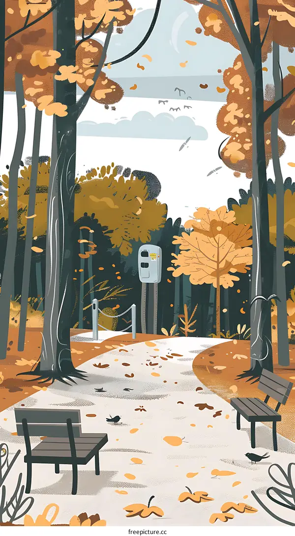 Autumn Park Path Illustration with Benches and Trees
