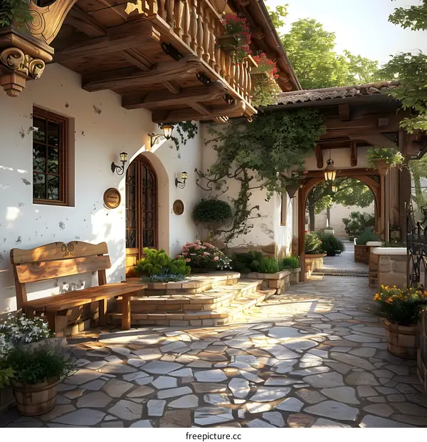 European style courtyard with stone footpath and wooden bench