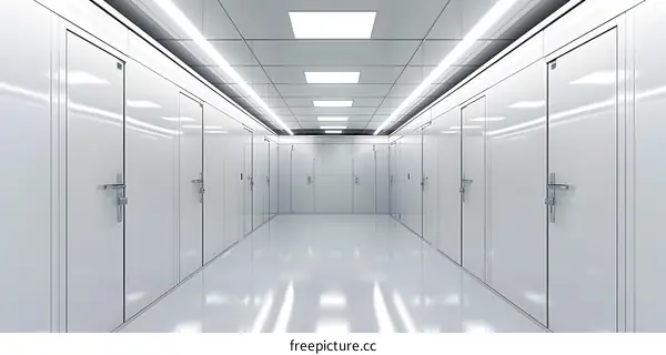 White Hallway With Doors and Light Fixtures