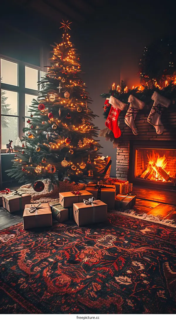 Christmas tree in a living room with presents under the tree and a fireplace in the background