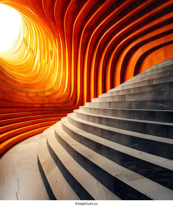 Abstract Orange and Gray Architectural Design with Curved Walls and Stairs