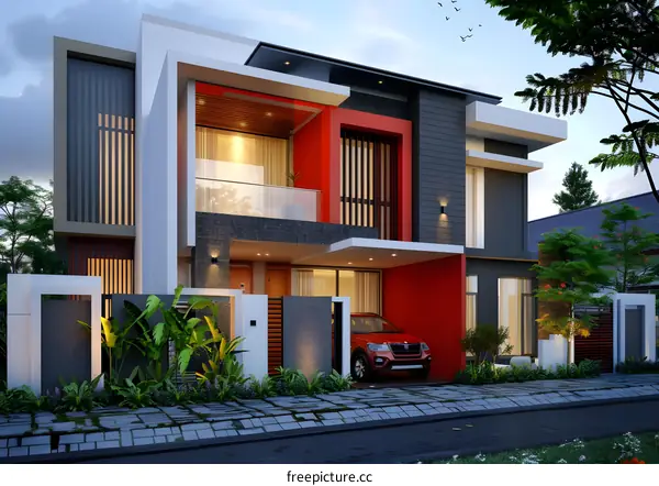 Modern House Exterior Design With Red And Black Color