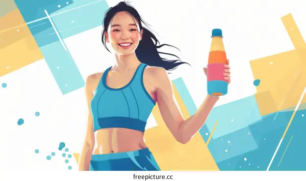 Asian woman in sportswear holding a bottle of sports drink