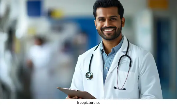 Smiling Indian Doctor Holding Clipboard in Clinic