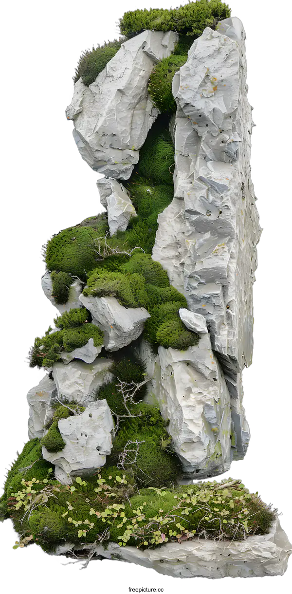 [Transparent Background PNG]Green Mossy Rock Formation Isolated on White Background