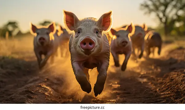 A group of happy pigs running in the field