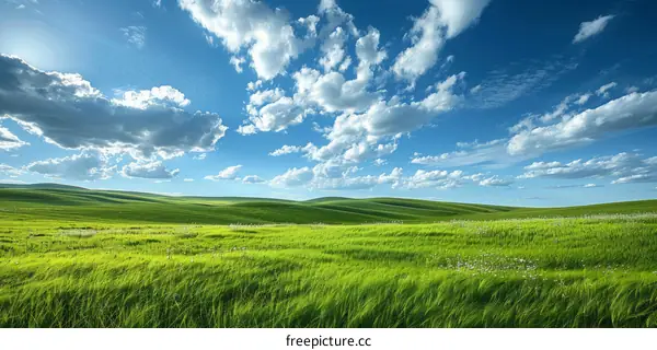 Green rolling hills under a blue sky with white clouds