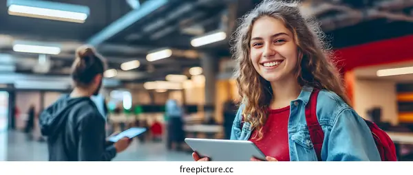 Young Woman Smiling with Tablet in Modern Building