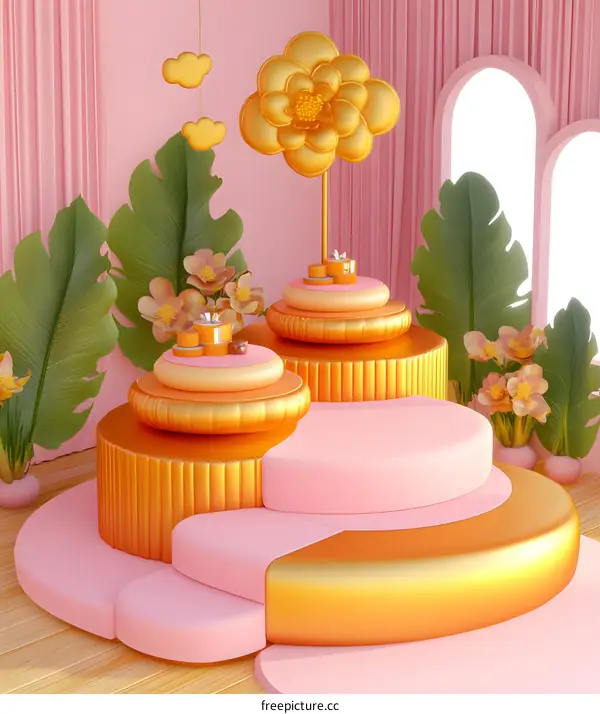 Golden Flower and Pink Steps 3D Render