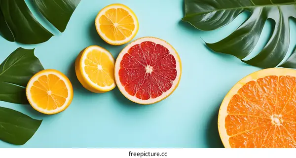 Fresh Citrus Fruits and Tropical Leaves on a Blue Background