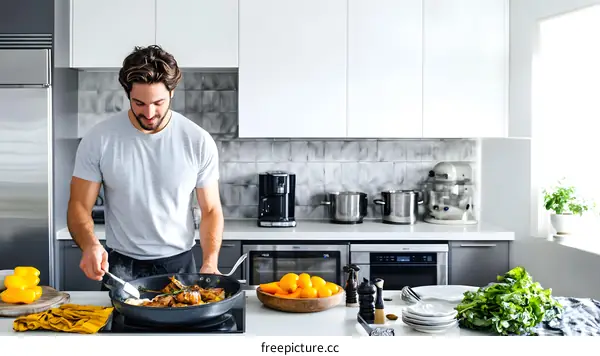 Man Cooking Healthy Dinner In Modern Kitchen
