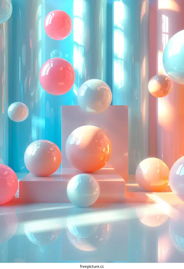 Surreal Glossy Podiums with Pink and Blue Spheres